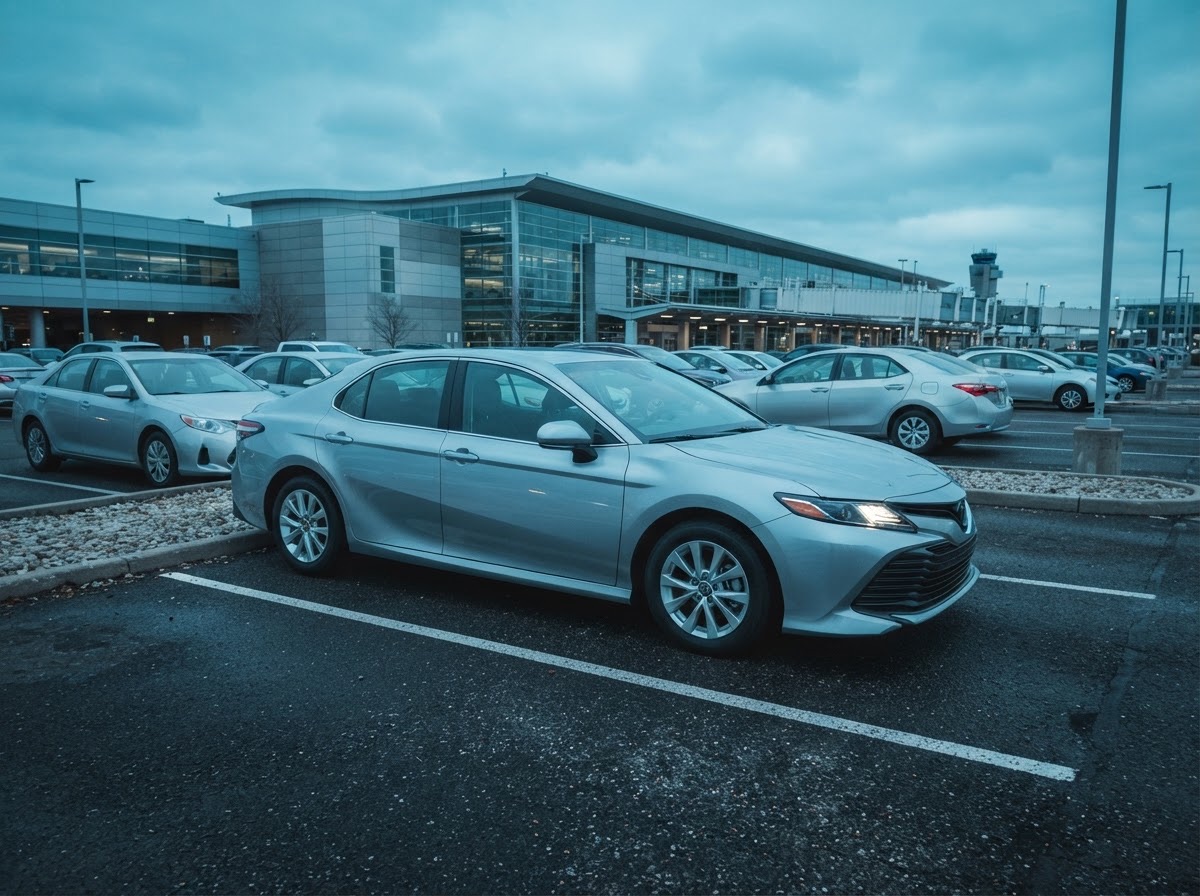 Sedan prateado estacionado junto a um terminal de aeroporto